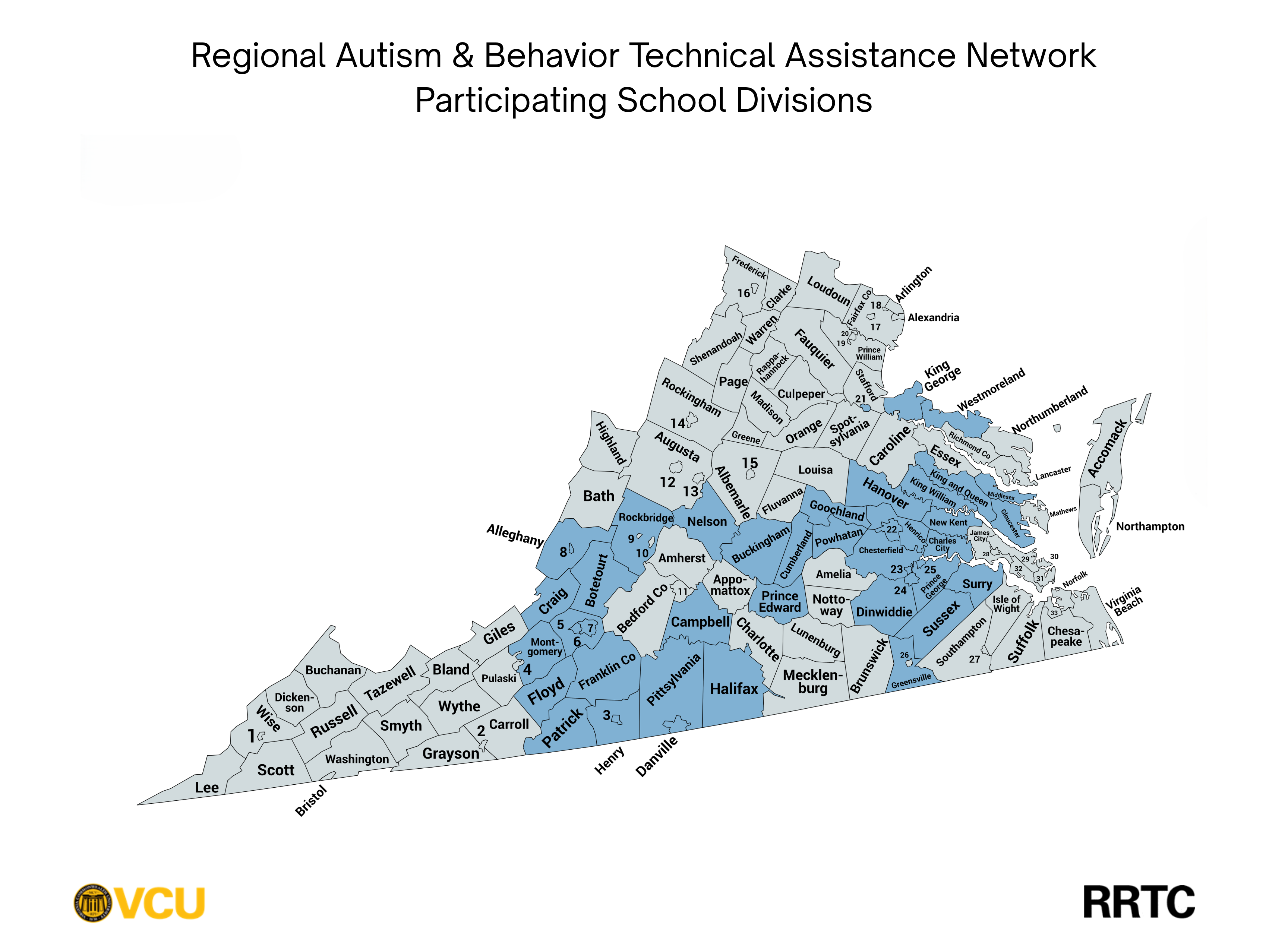 Map of Virginia highlighting counties whose school districts
          are part of the RABTAN network